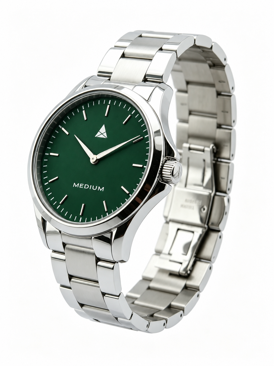 The Comeback First Edition 42mm — Silver / Green — angled view