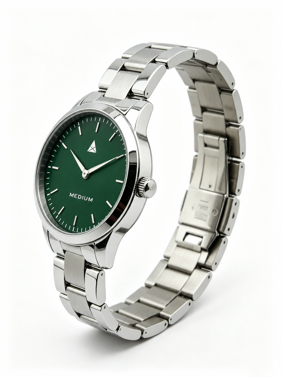 The Comeback First Edition 38mm — Silver / Green — angled view