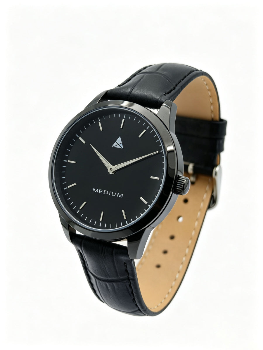 The Comeback Women’s Leather Watch — All Black — angled view