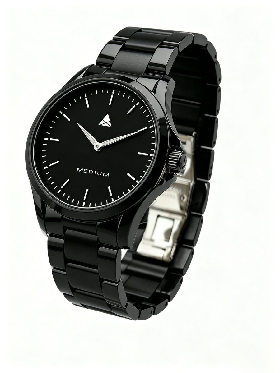 The Comeback Men’s Steel Watch — All Black — angled view