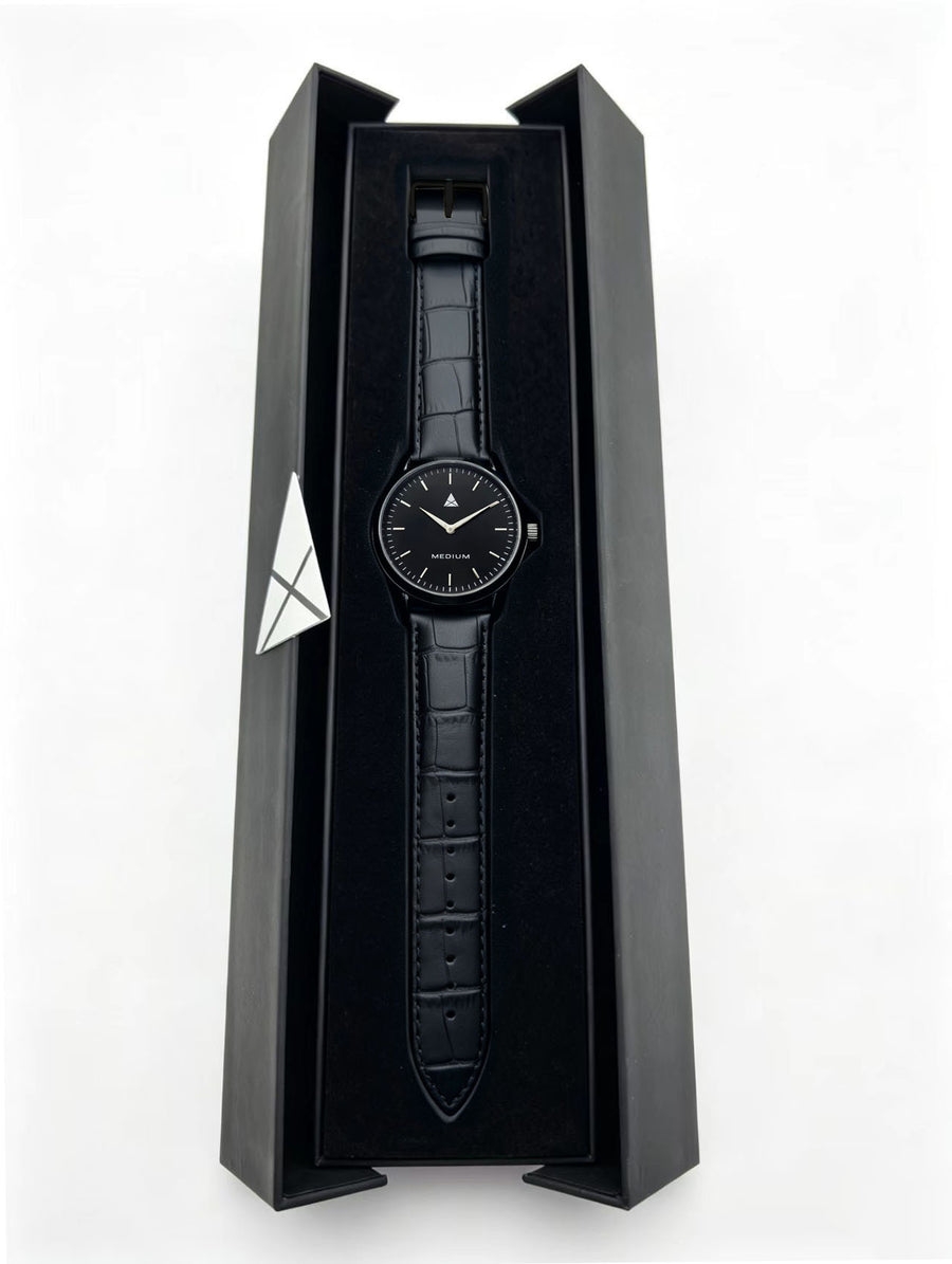 The Comeback Men’s Leather Watch — All Black — box