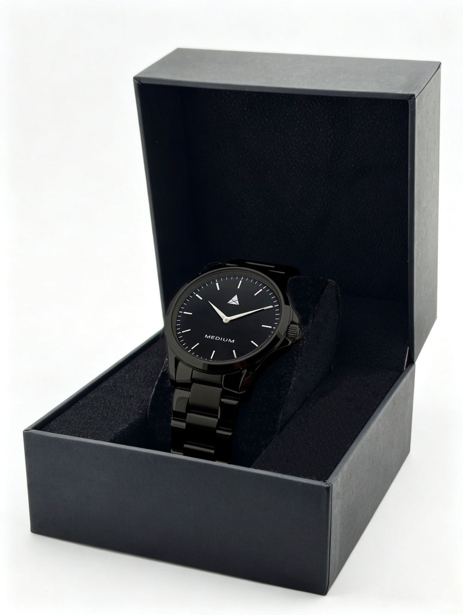 The Comeback Men’s Steel Watch — All Black — box