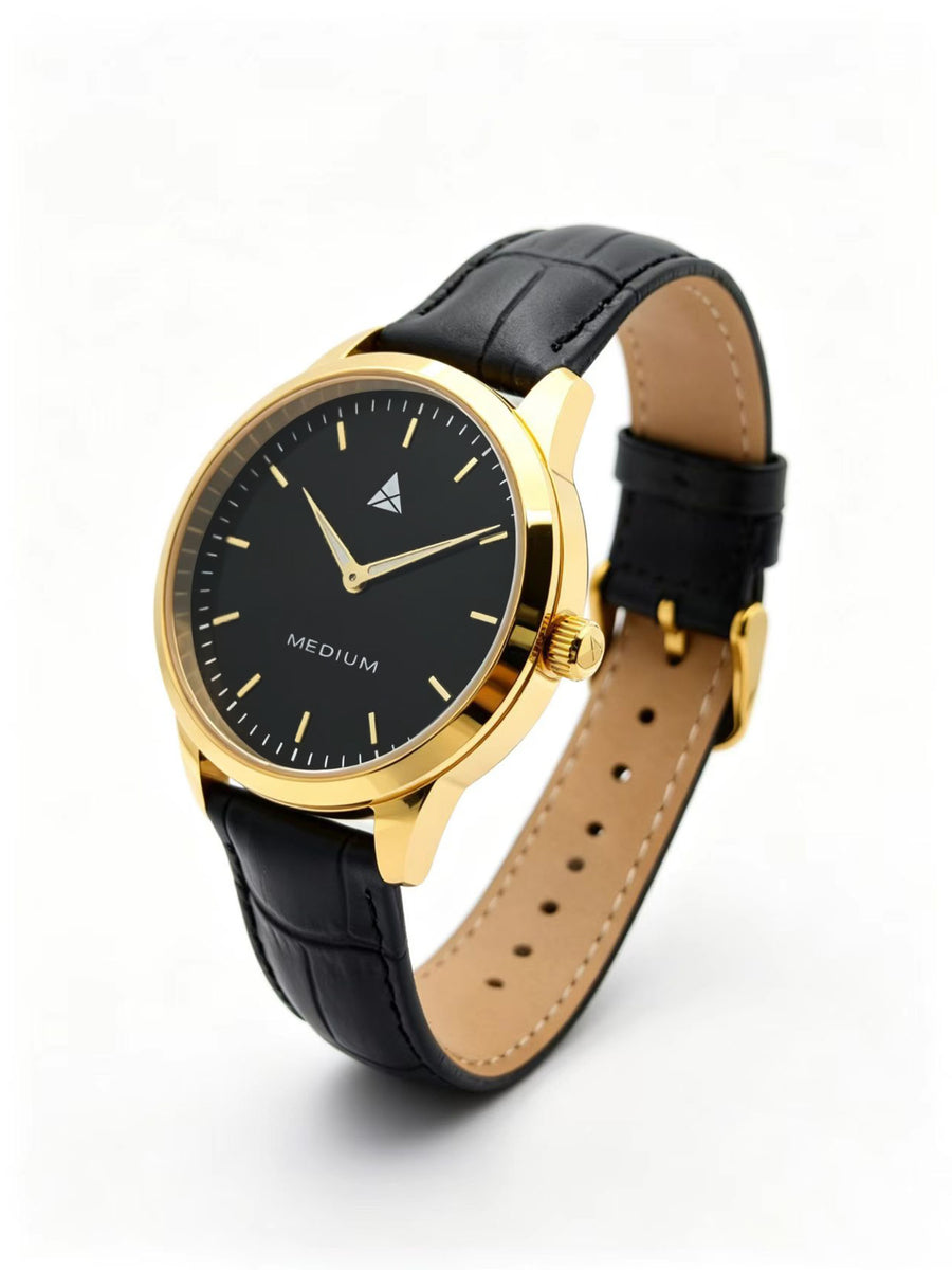 The Comeback Women’s Leather Watch — Gold / Black — angled view