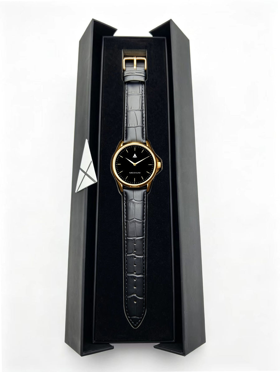 The Comeback Men’s Leather Watch — Gold / Black — box