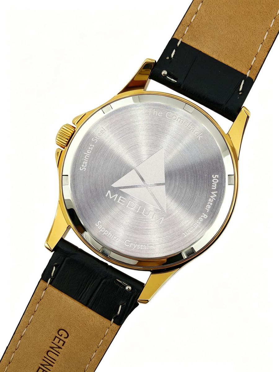 The Comeback Men’s Leather Watch — Gold / Black — caseback
