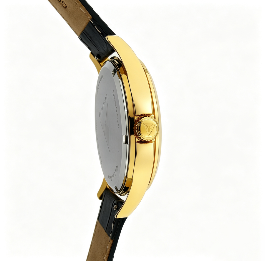 The Comeback Men’s Leather Watch — Gold / Black — side view