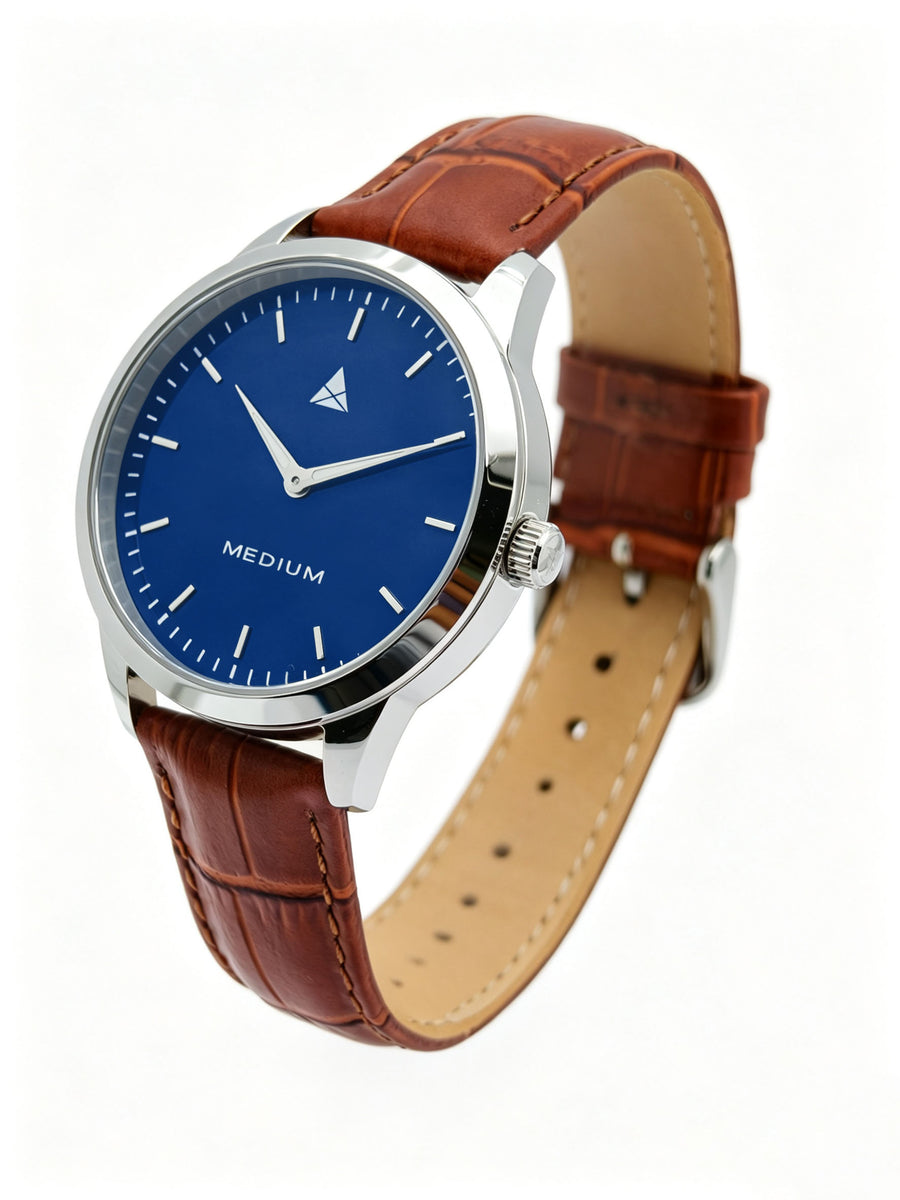 The Comeback Women’s Leather Watch — Silver / Blue — angled view