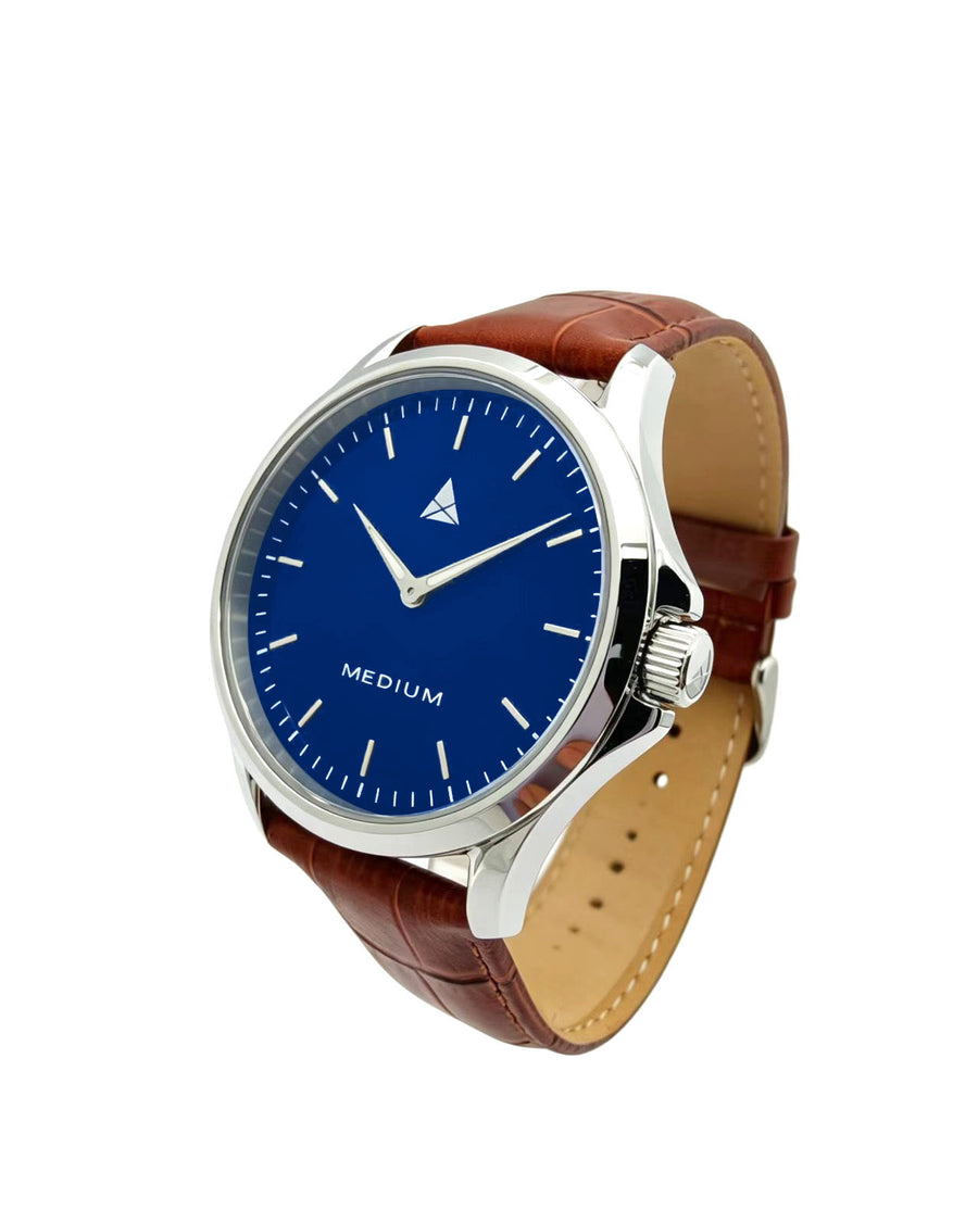 The Comeback Men’s Leather Watch — Silver / Blue — angled view