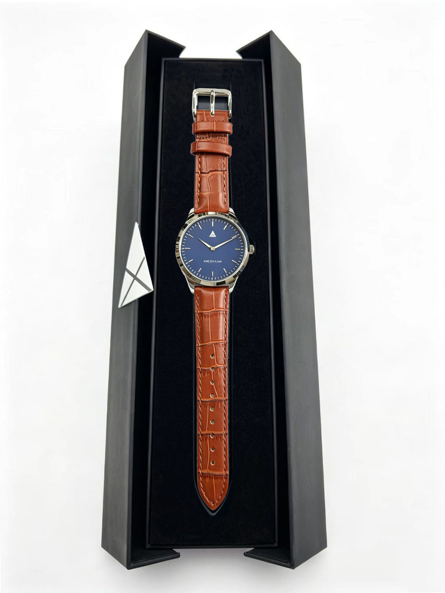 The Comeback Women’s Leather Watch — Silver / Blue — box
