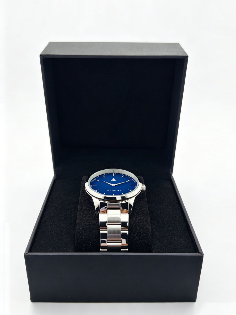 The Comeback Women’s Steel Watch — Silver / Blue — box