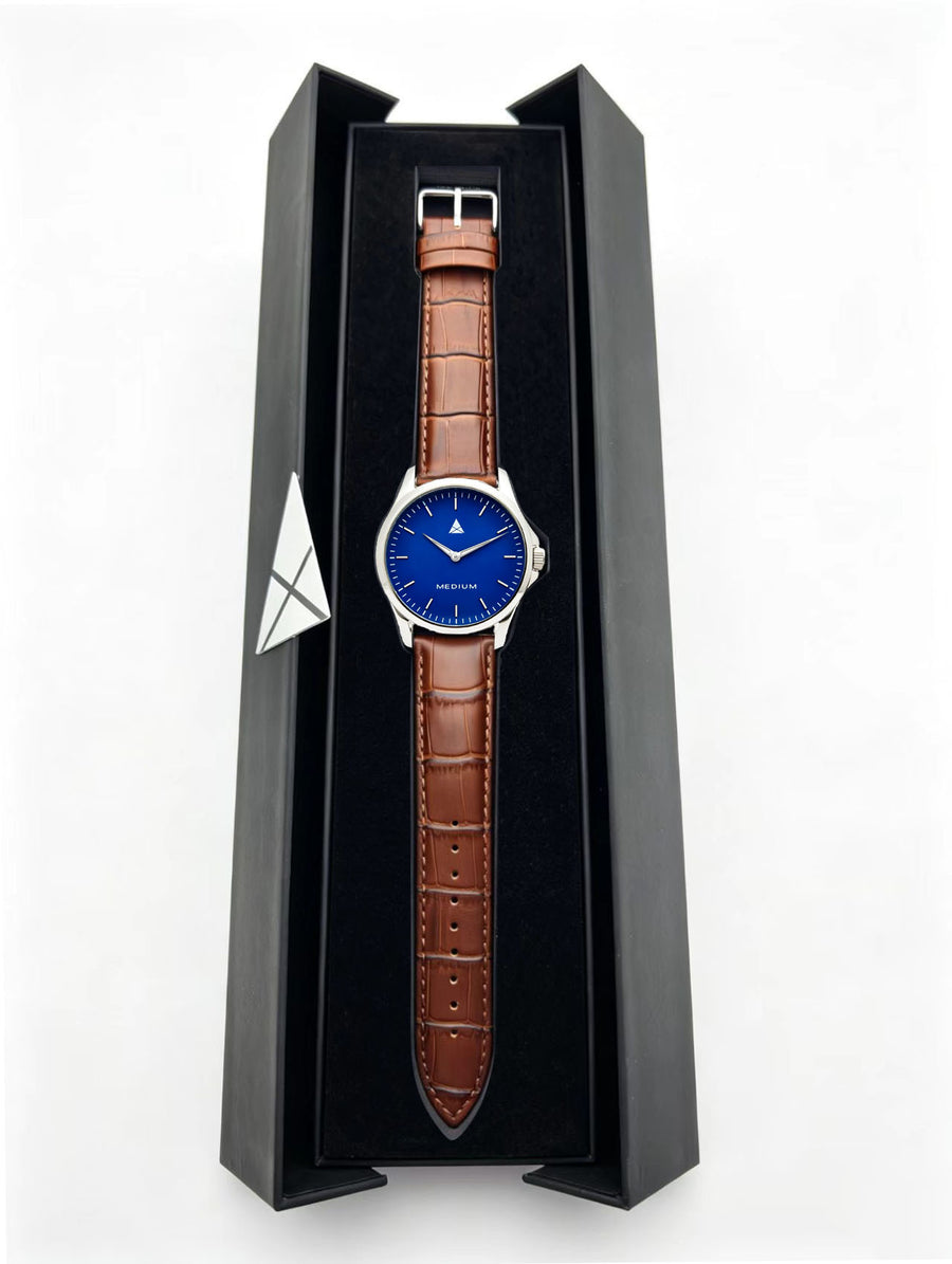 The Comeback Men’s Leather Watch — Silver / Blue — box