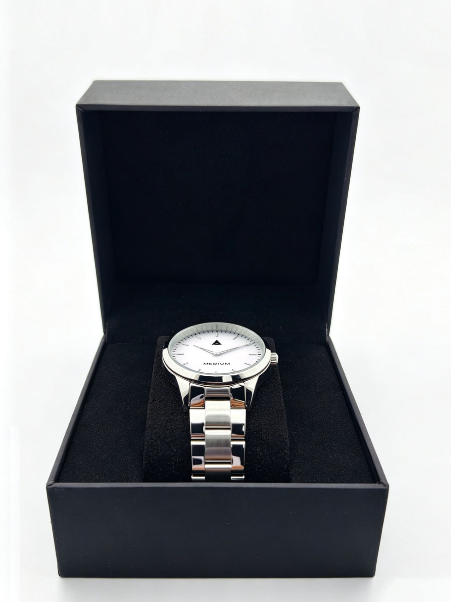 The Comeback Women’s Steel Watch — Silver / White — box