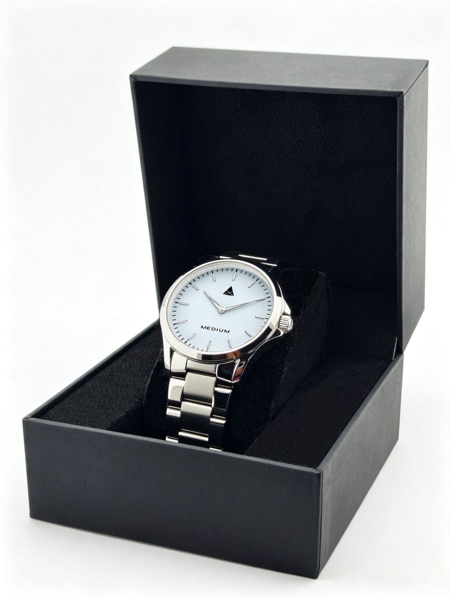 The Comeback Men’s Steel Watch — Silver / White — box