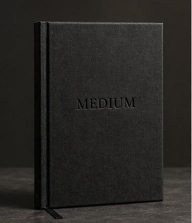 MEDIUM Journal, black cloth hardcover with blind-debossed MEDIUM wordmark
