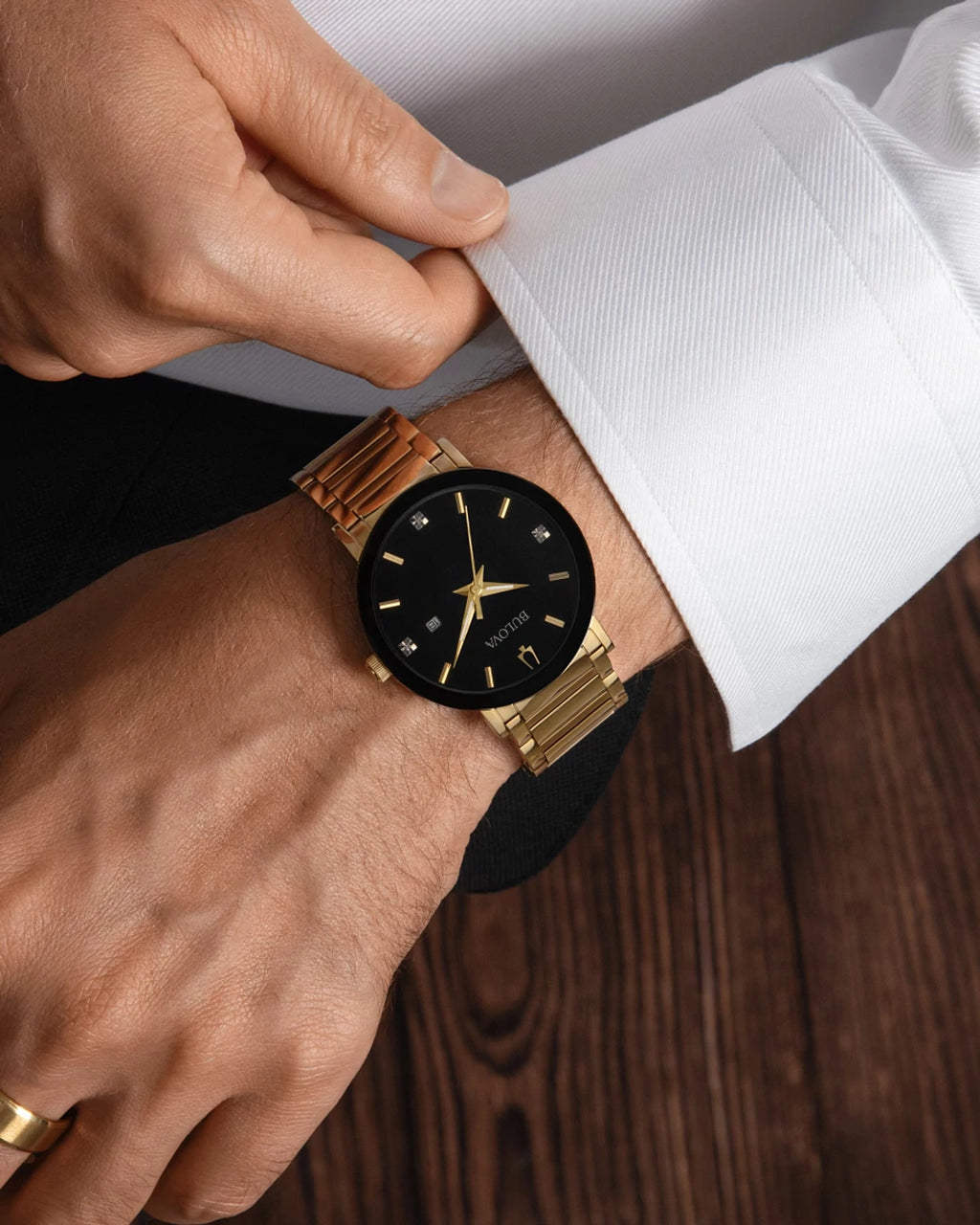 Bulova Futuro 97D116 · Gold-tone, black dial, diamonds — detail view — Bulova at MEDIUM