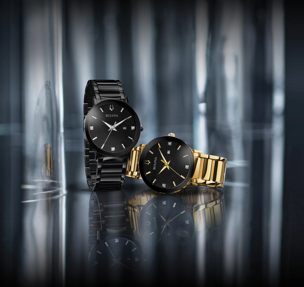 Bulova Futuro 97D116 · Gold-tone, black dial, diamonds — detail view — Bulova at MEDIUM
