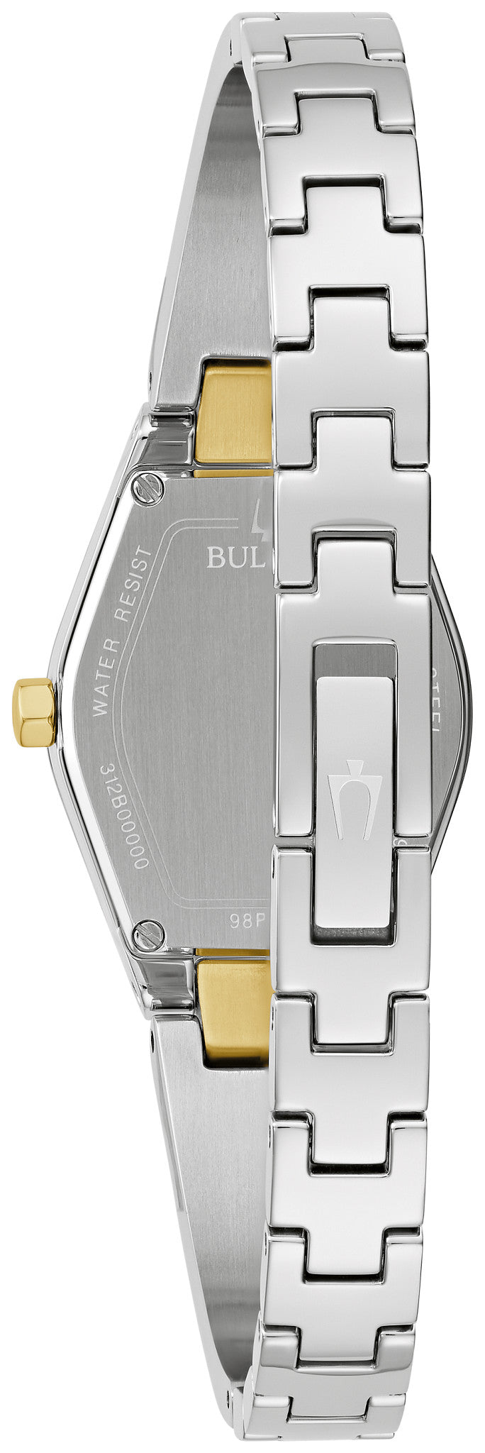 Bulova Gemini Ladies 98P218 · Silver/gold-tone, blue dial — detail view — Bulova at MEDIUM
