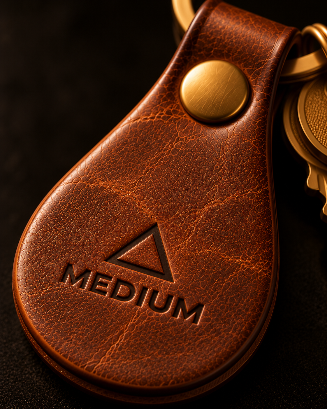 Close-up detail of the debossed MEDIUM mark and solid-brass rivet on the Heritage Brown teardrop keychain
