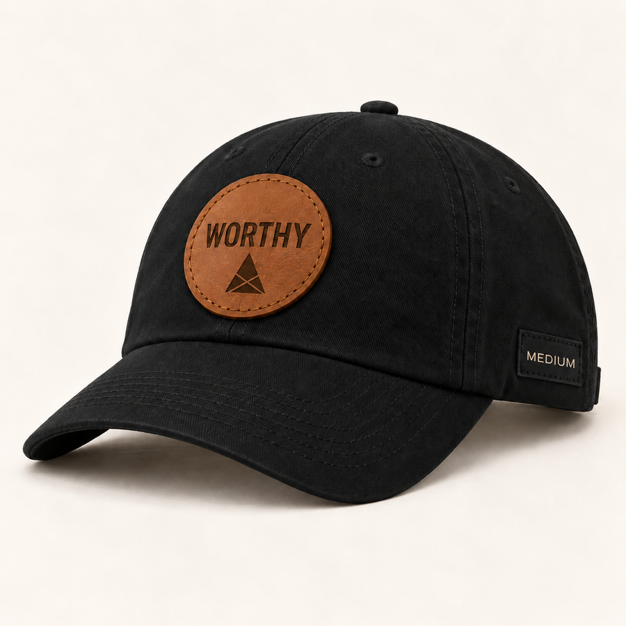 MEDIUM WORTHY hat in Black with leather front patch