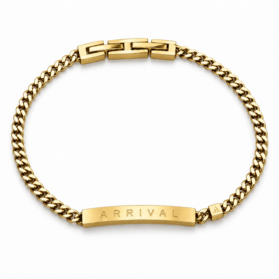 Women’s Word Bracelet — Gold — engraved ARRIVAL