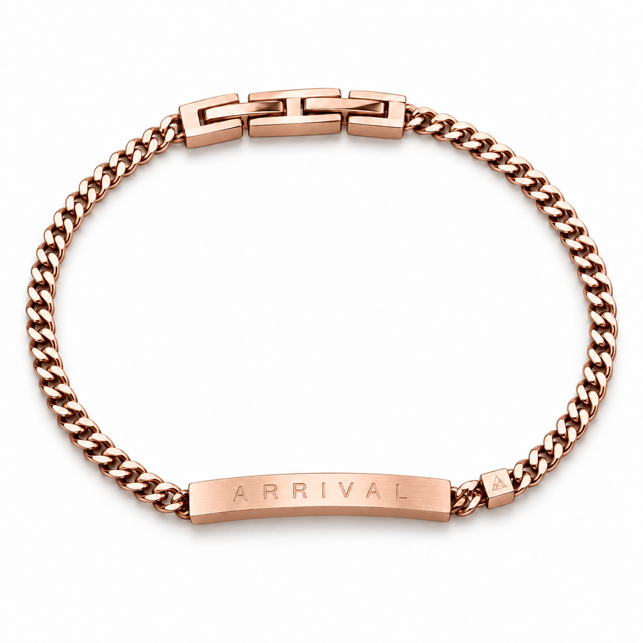 Women’s Word Bracelet — Rose Gold — engraved ARRIVAL