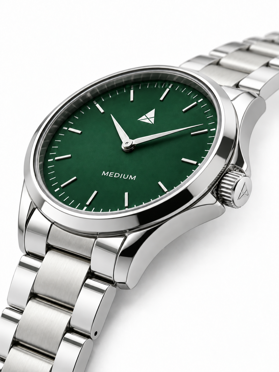 The Comeback First Edition 42mm — Silver / Green — crown profile