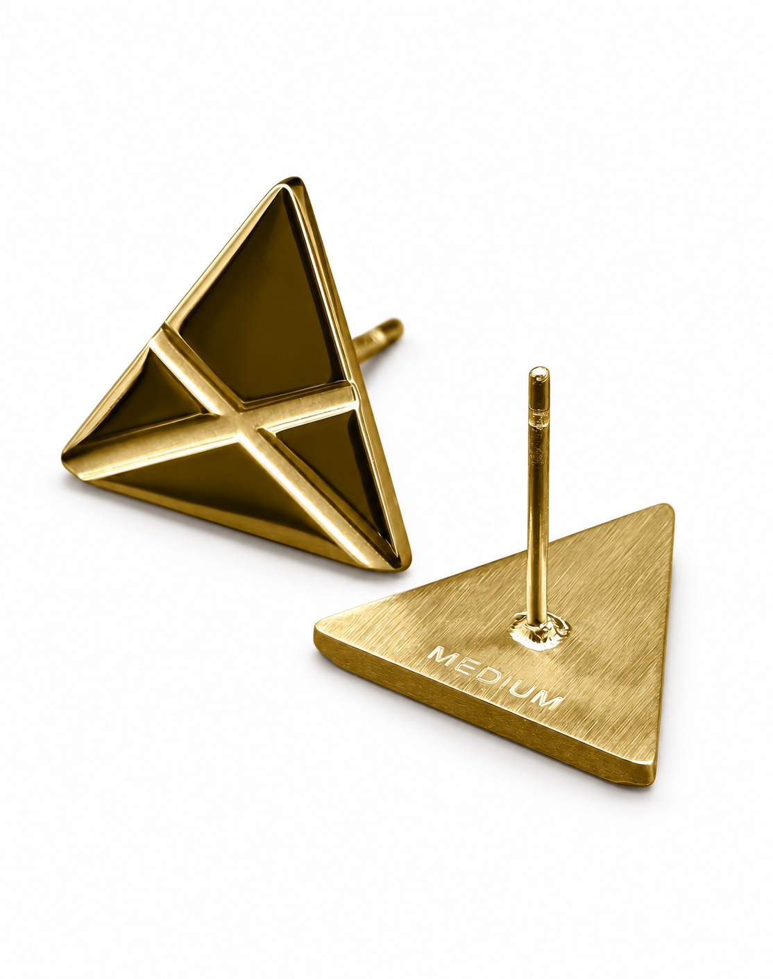 MEDIUM Triangle Ear Studs — Gold — front and engraved back