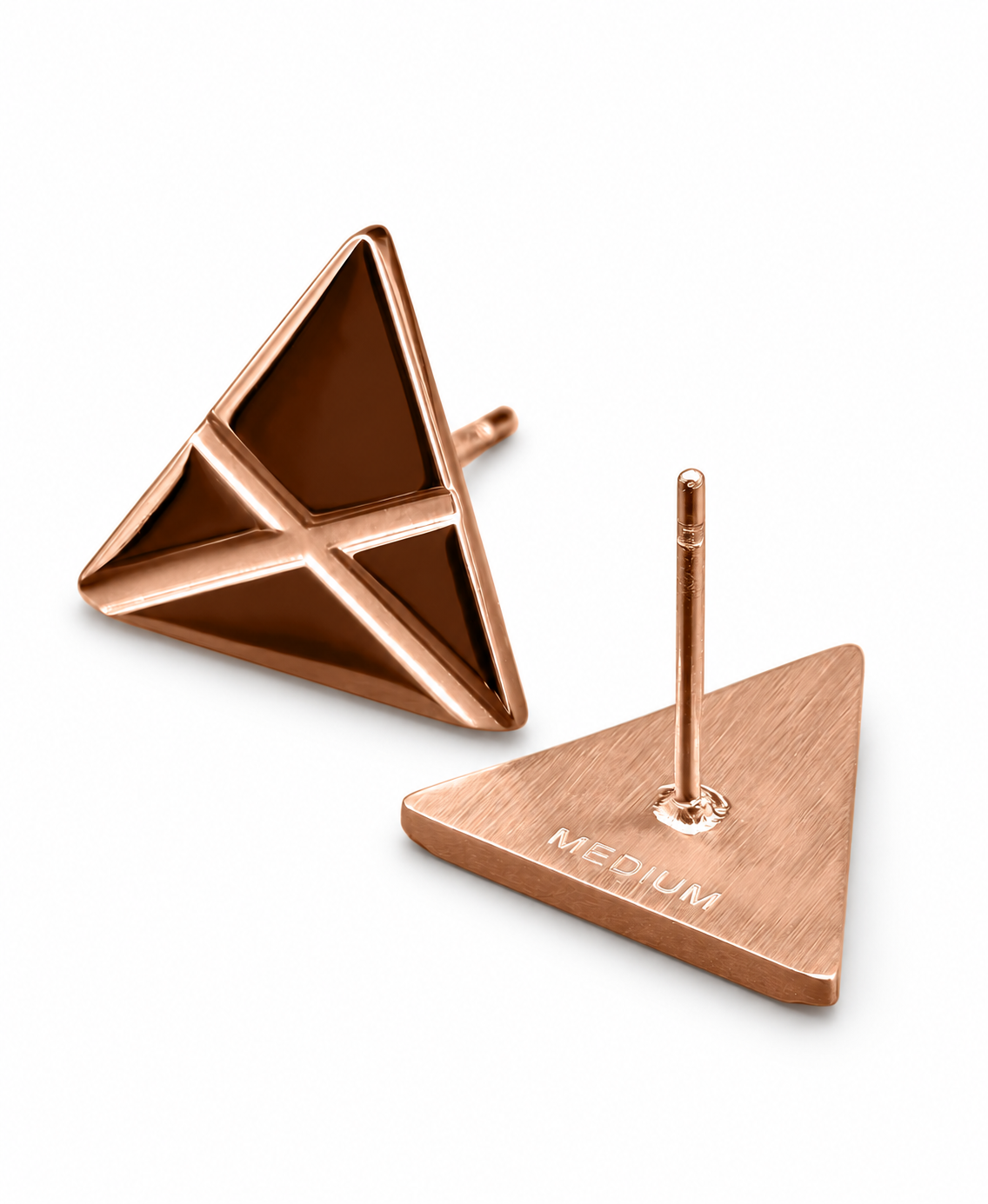 MEDIUM Triangle Ear Studs — Rose Gold — front and engraved back