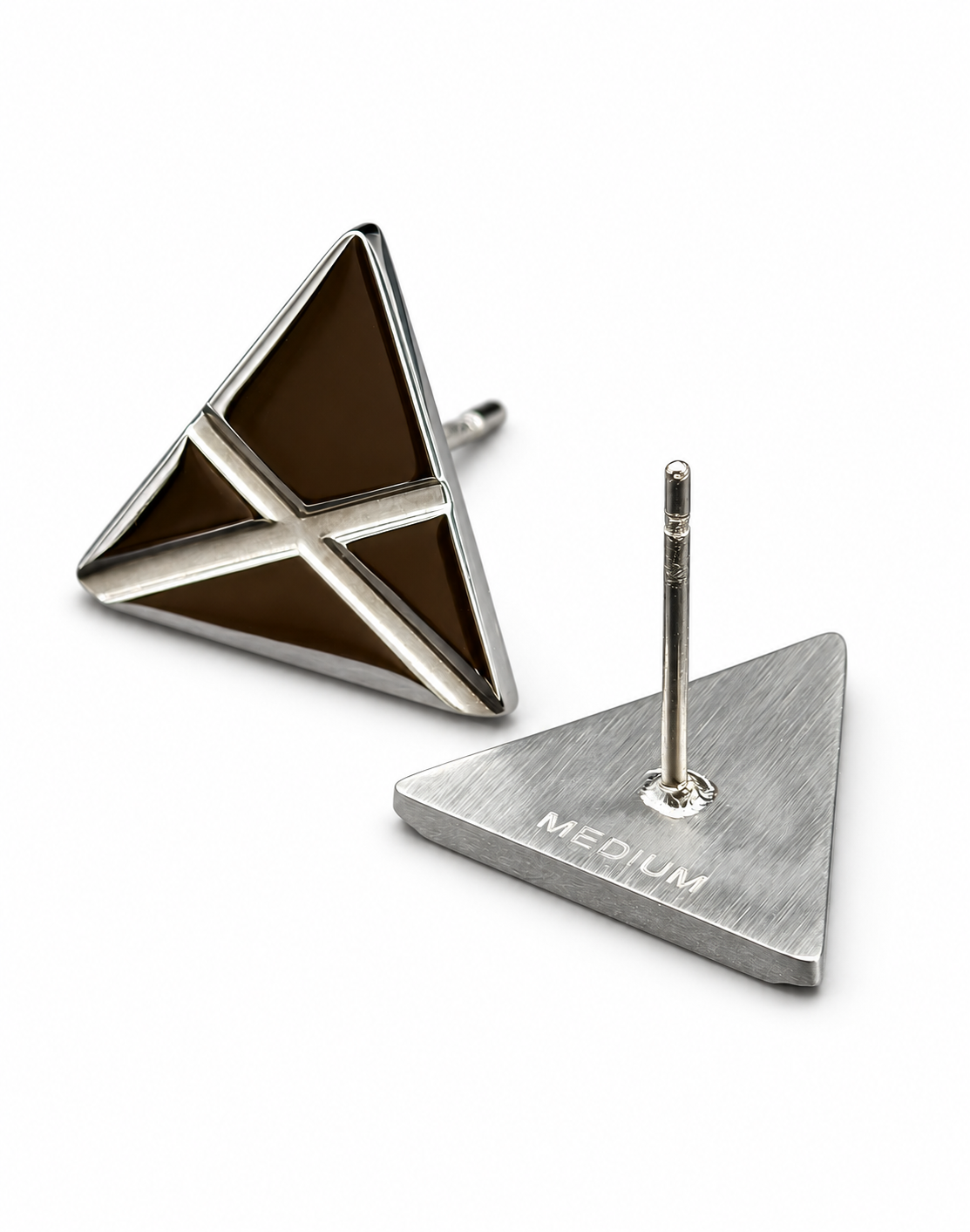 MEDIUM Triangle Ear Studs — Silver — front and engraved back