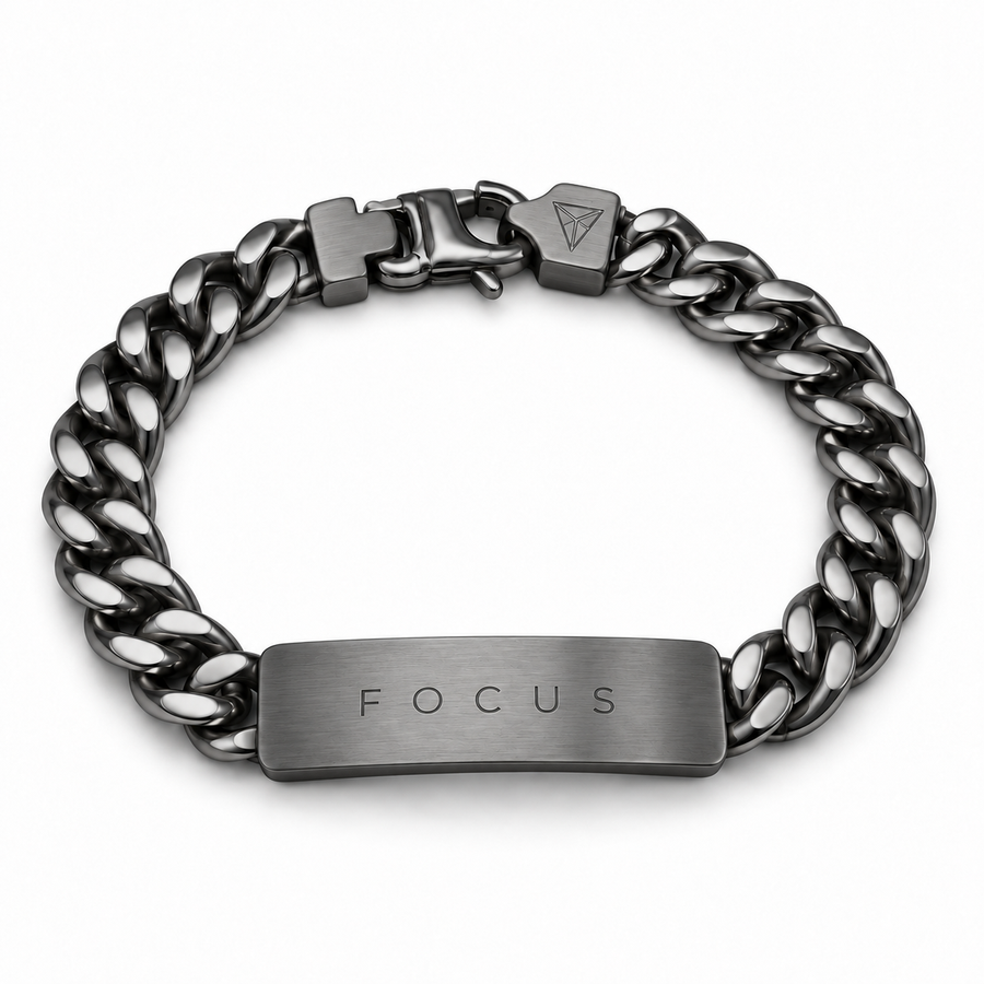Men’s Word Bracelet — Gunmetal — engraved FOCUS