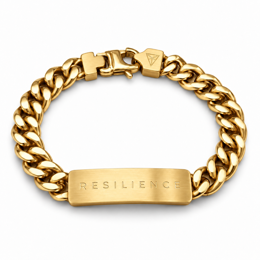 Men’s Word Bracelet — Gold — engraved RESILIENCE