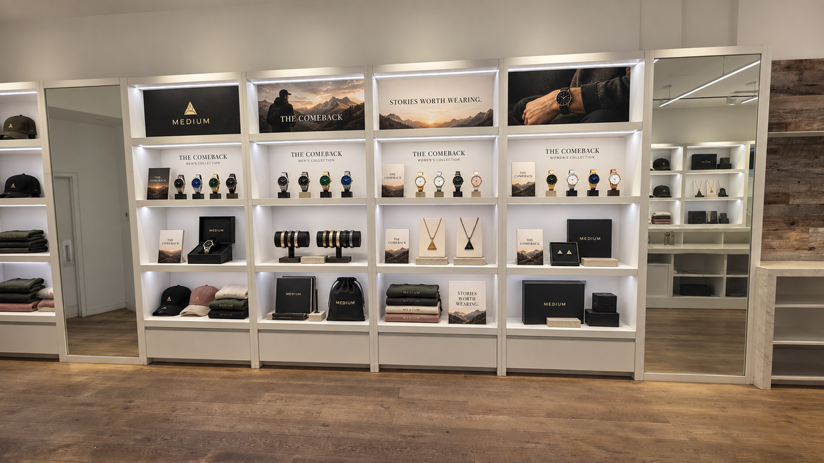 The MEDIUM retail floor with watch displays and marble counter
