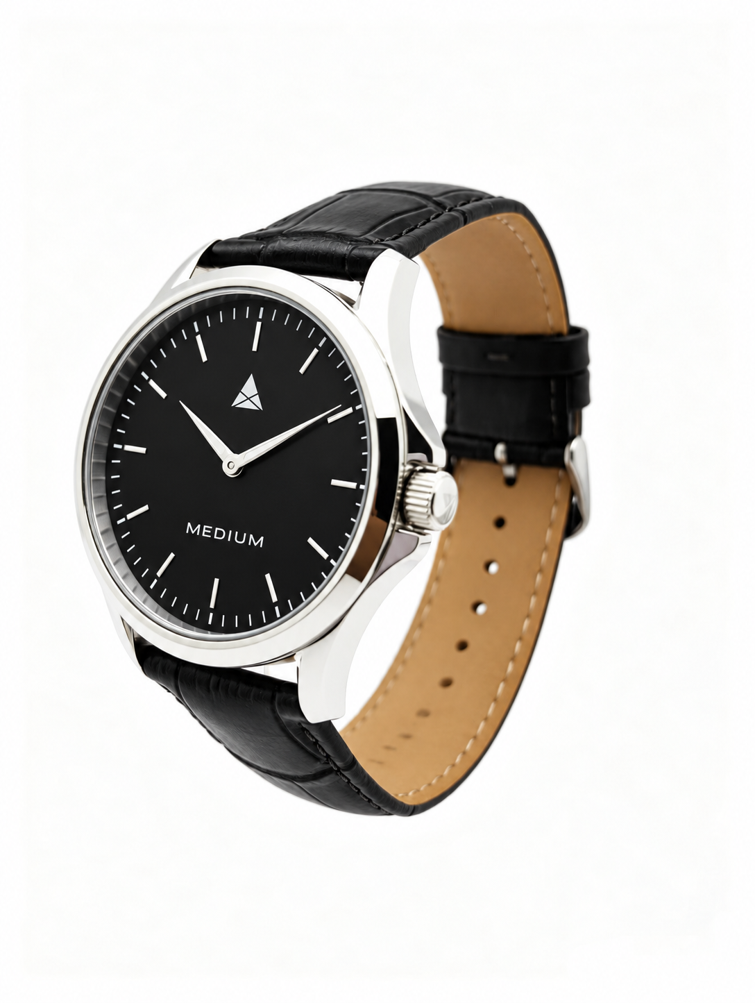 The Comeback leather watch, Silver / Black — angled front