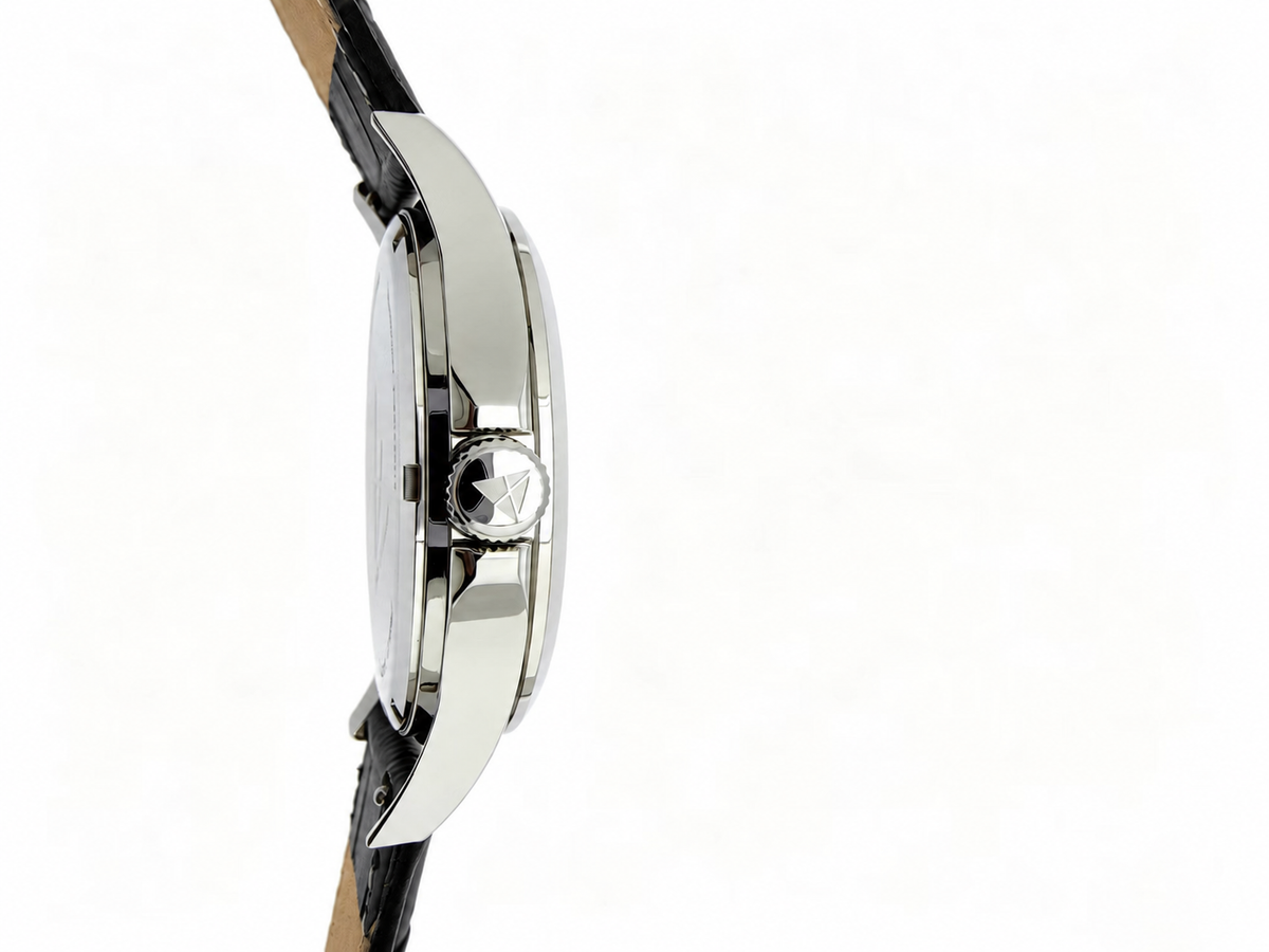 The Comeback leather watch, Silver / Black — side profile and signed crown