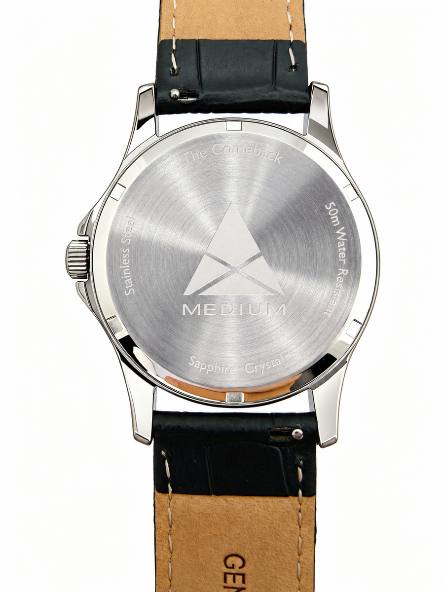 The Comeback leather watch, Silver / Black — engraved caseback