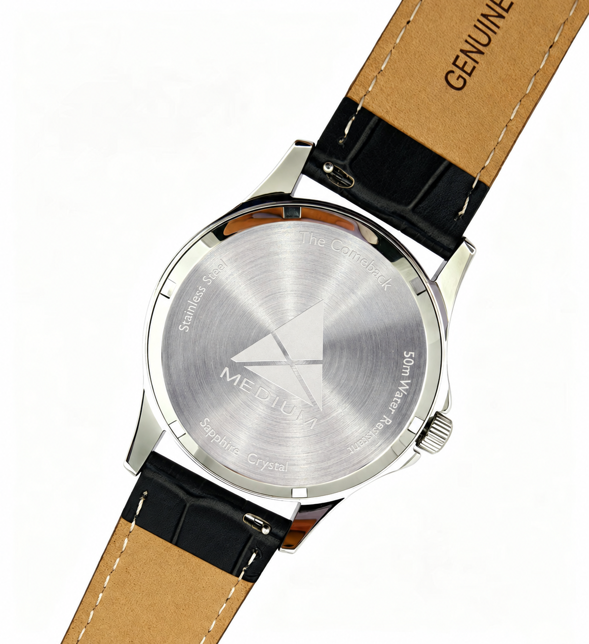 The Comeback leather watch, Silver / Black — caseback and black leather strap