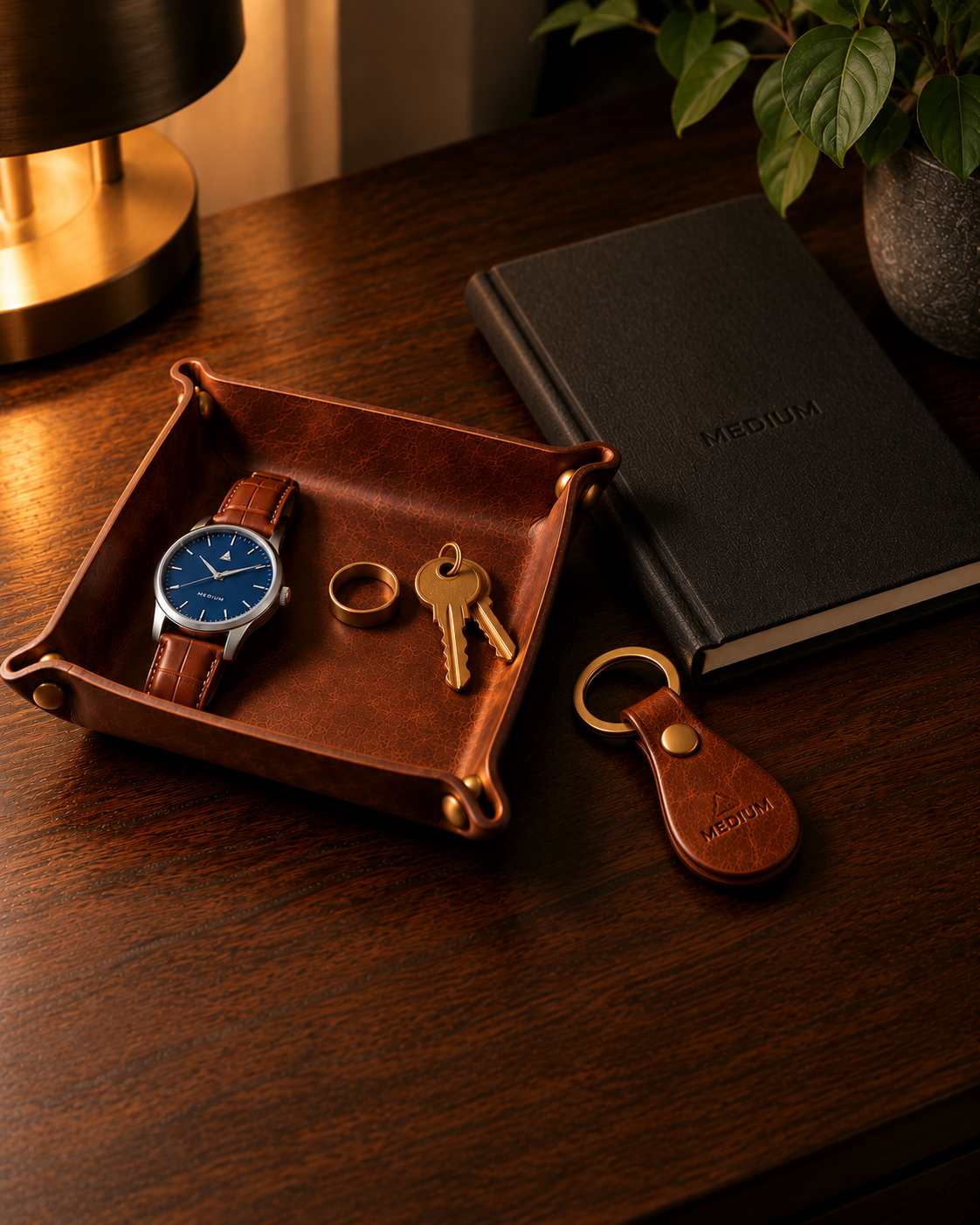 Heritage Brown valet tray with a MEDIUM watch, the teardrop keychain and the black MEDIUM Journal on a walnut dresser