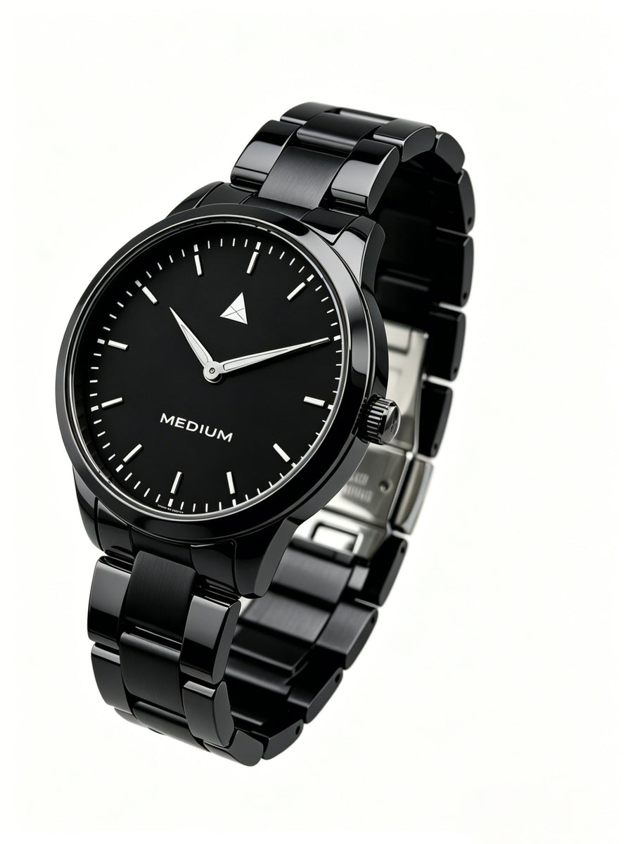 The Comeback Women’s Steel Watch — All Black — angled view