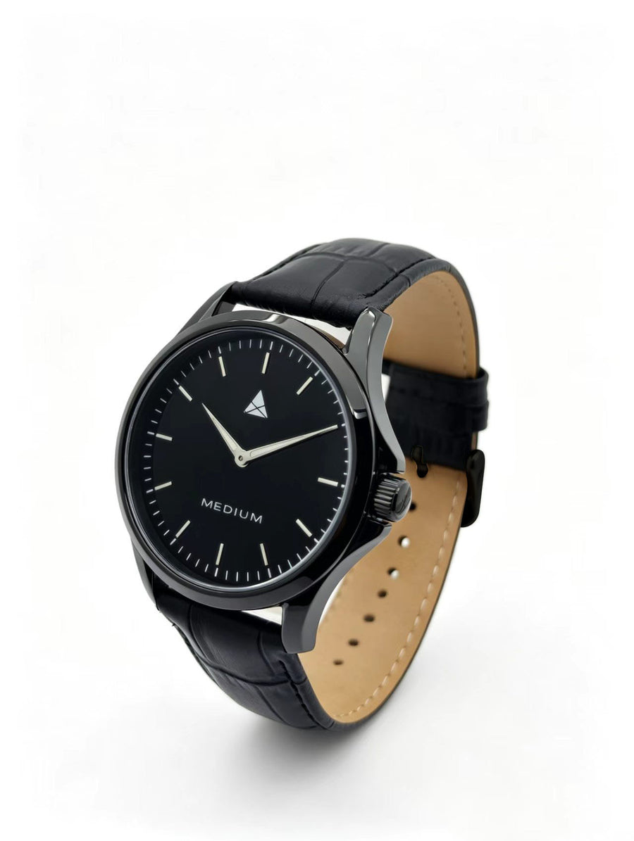 The Comeback Men’s Leather Watch — All Black — angled view