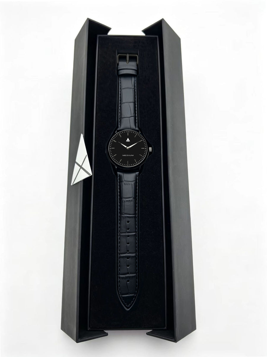 The Comeback Women’s Leather Watch — All Black — box