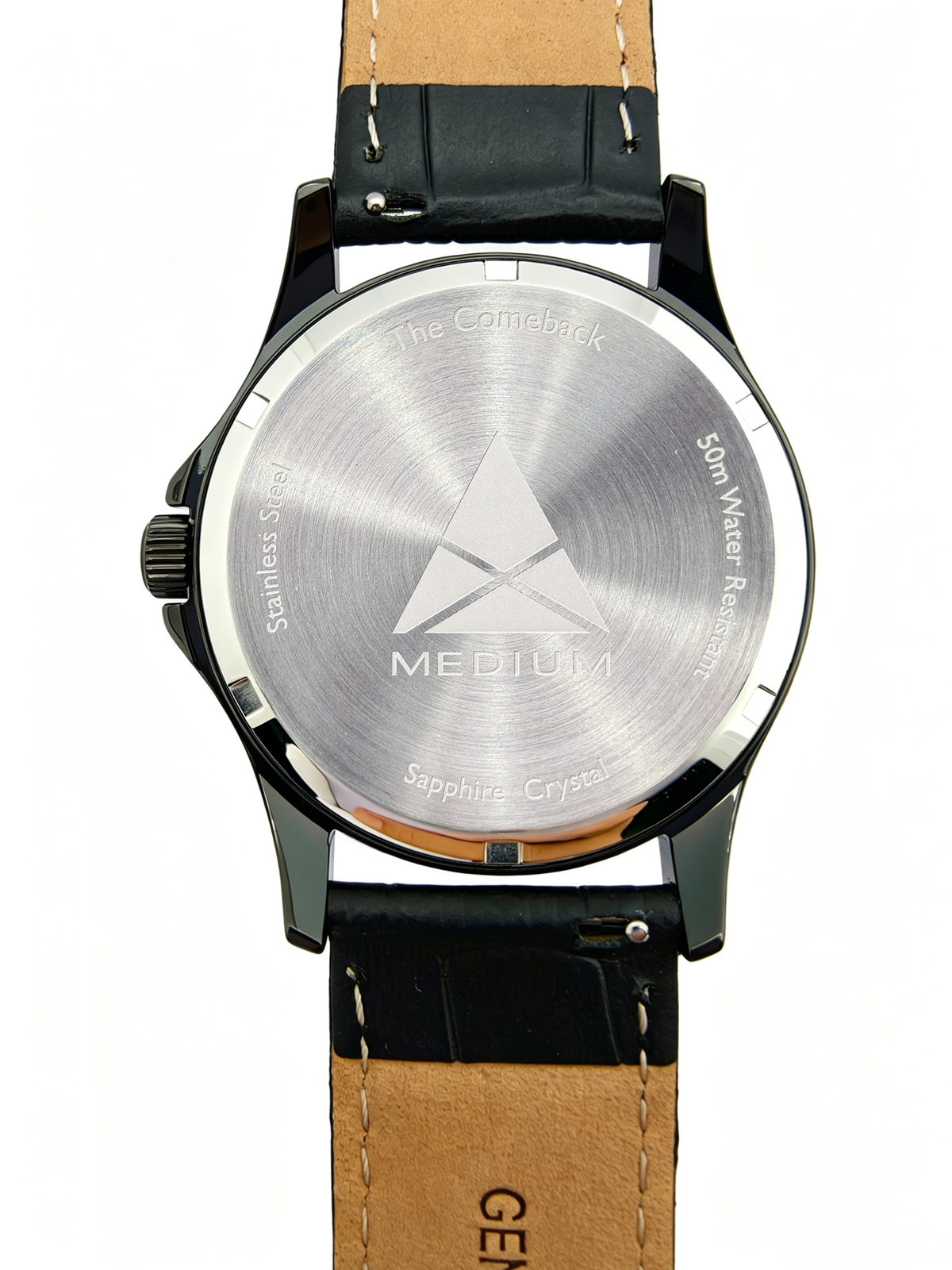 The Comeback Men’s Leather Watch — All Black — caseback