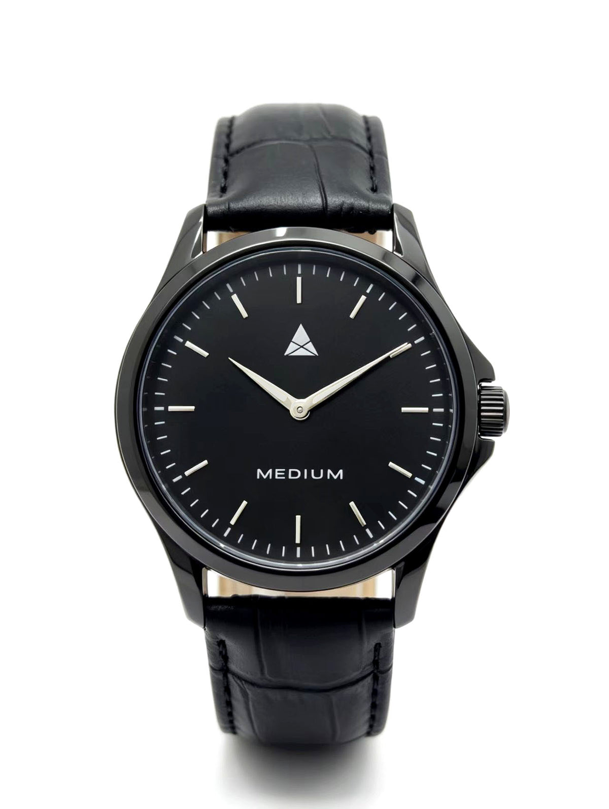 The Comeback Men’s Leather Watch — All Black — front view