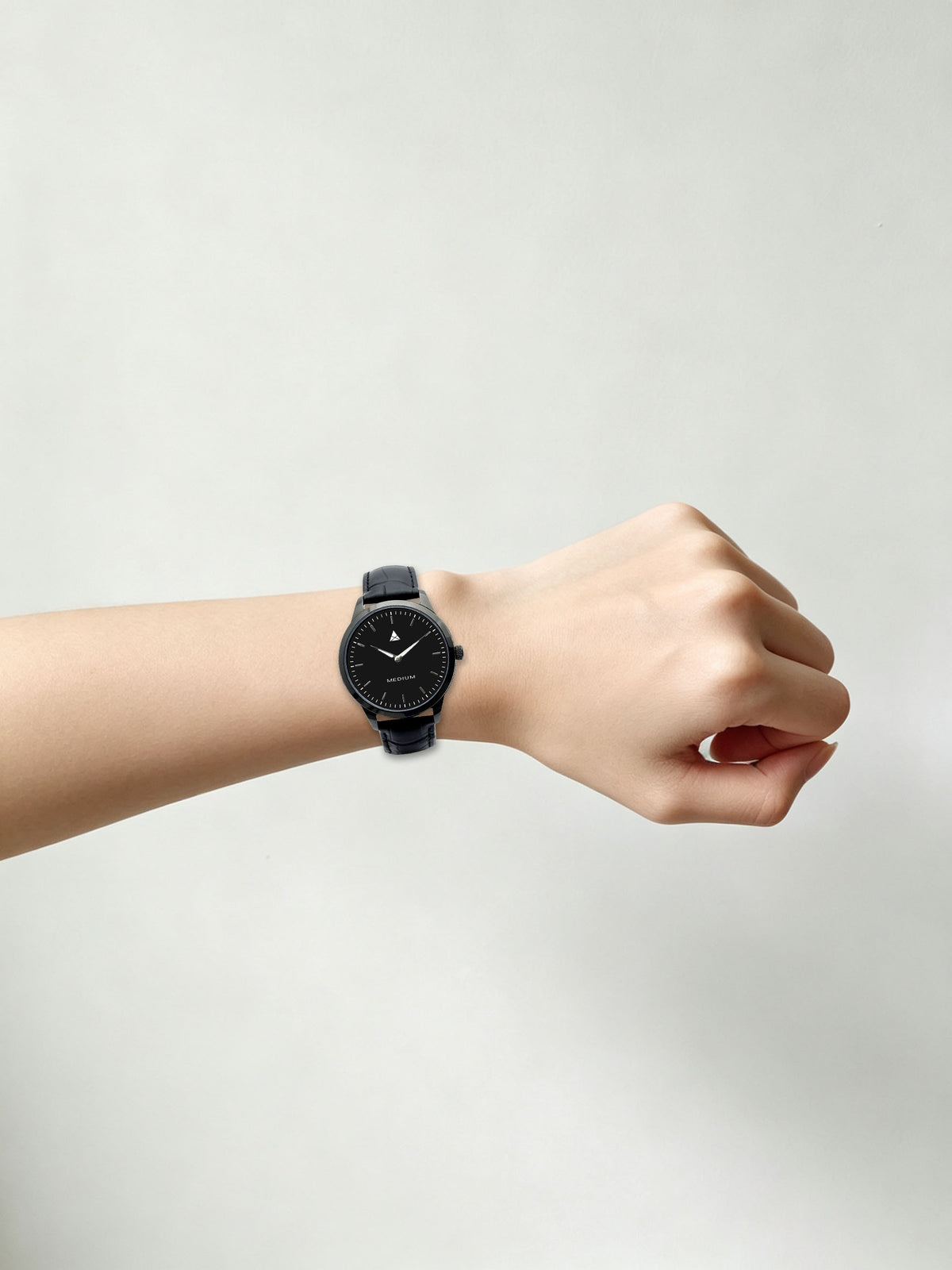 The Comeback Women’s Leather Watch — All Black — on wrist