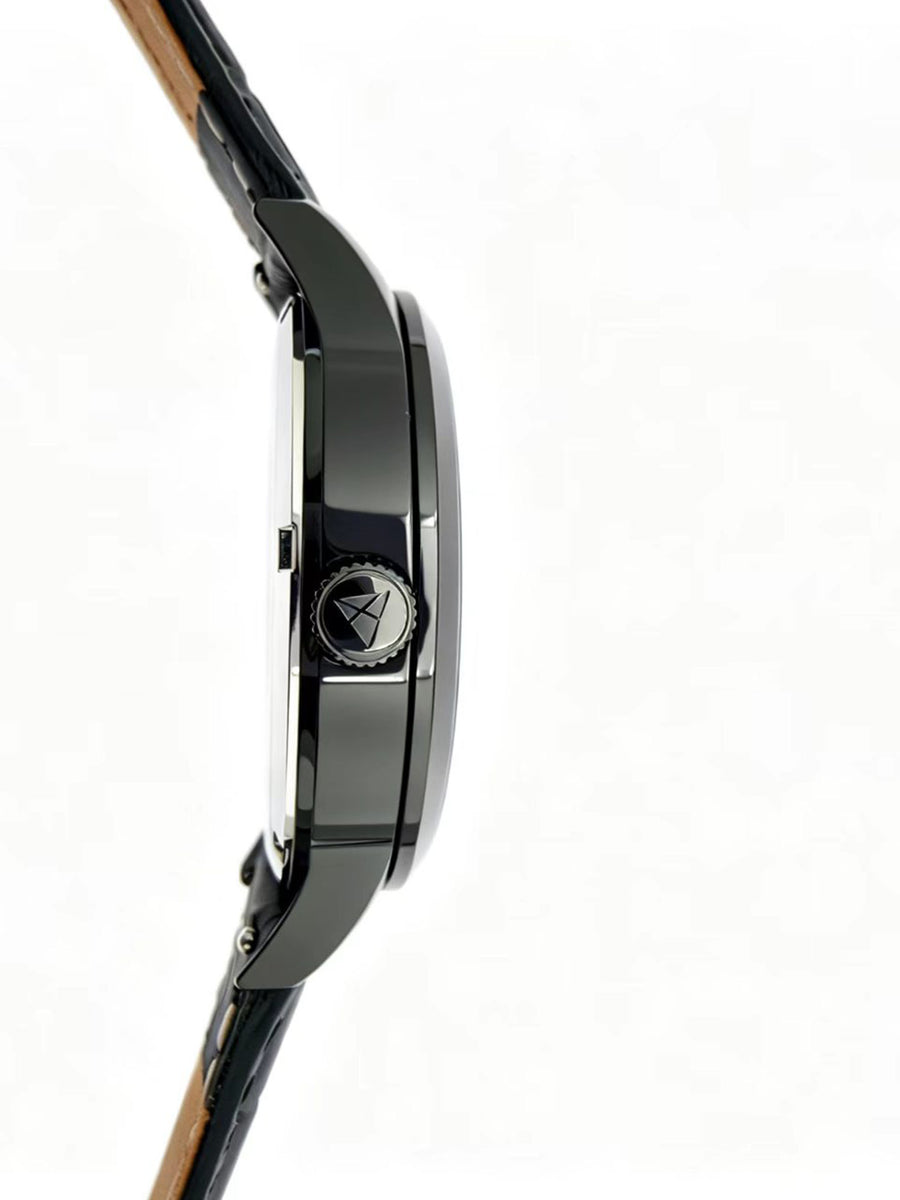The Comeback Women’s Leather Watch — All Black — side view