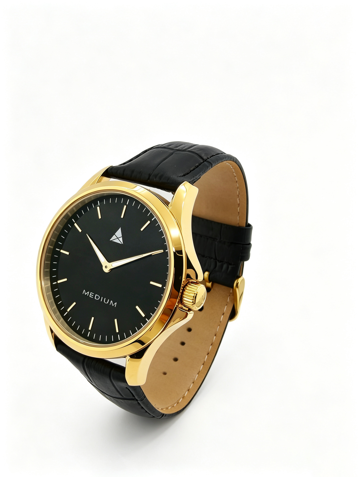 The Comeback Men’s Leather Watch — Gold / Black — angled view