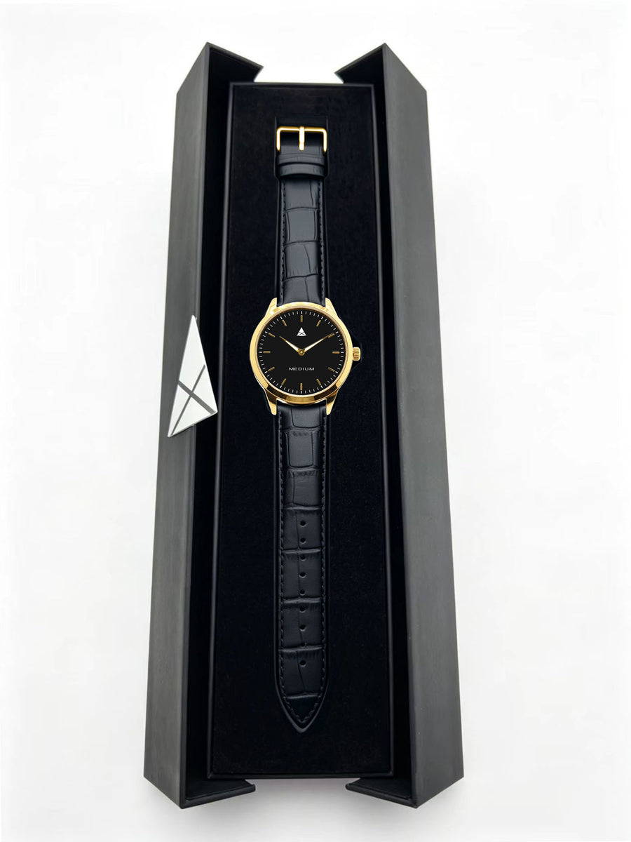 The Comeback Women’s Leather Watch — Gold / Black — box