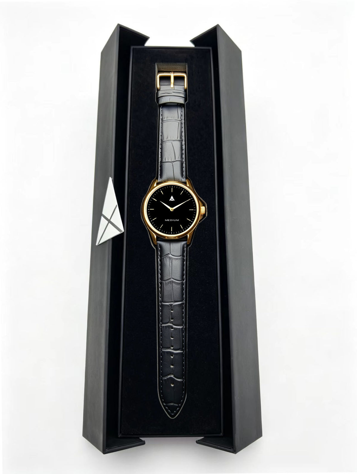 The Comeback Men’s Leather Watch — Gold / Black — box