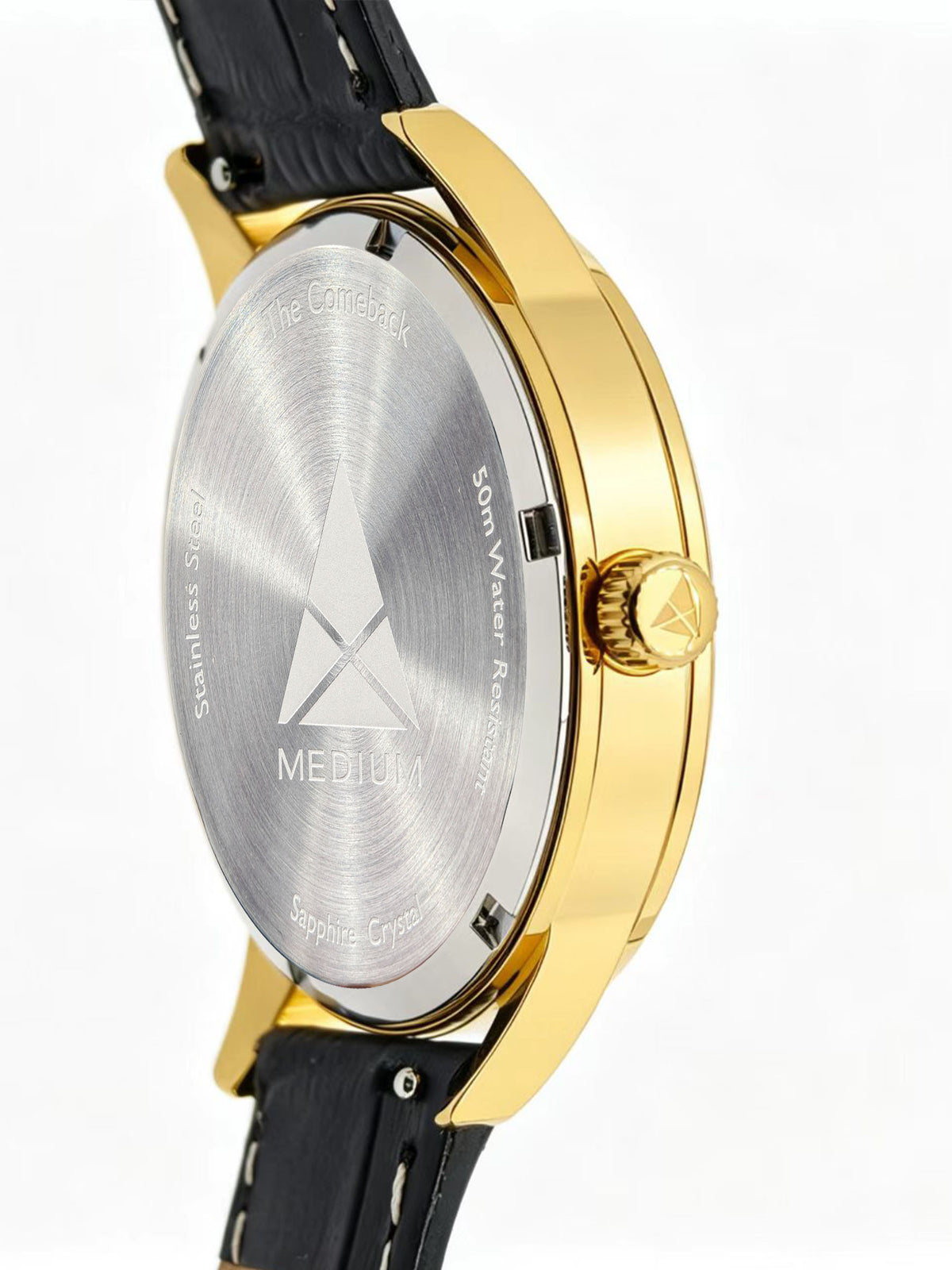 The Comeback Women’s Leather Watch — Gold / Black — side view