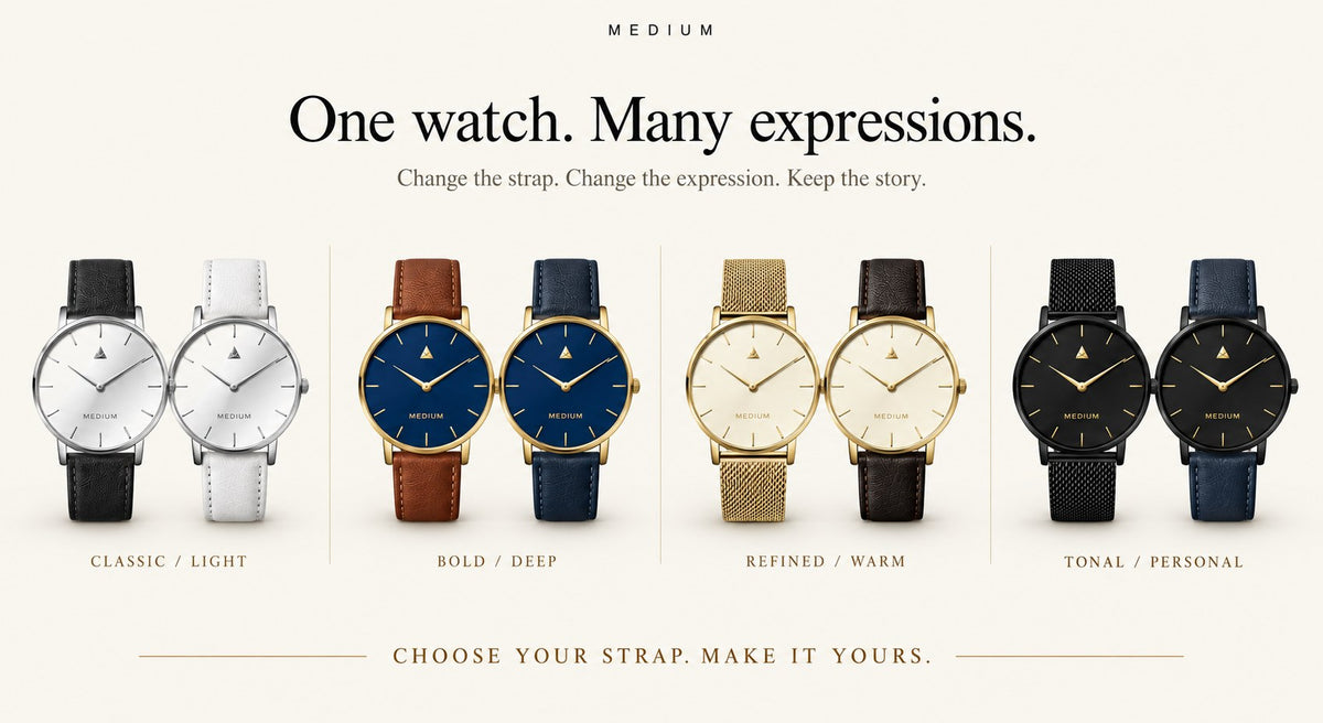 The same Origin watch shown with different straps