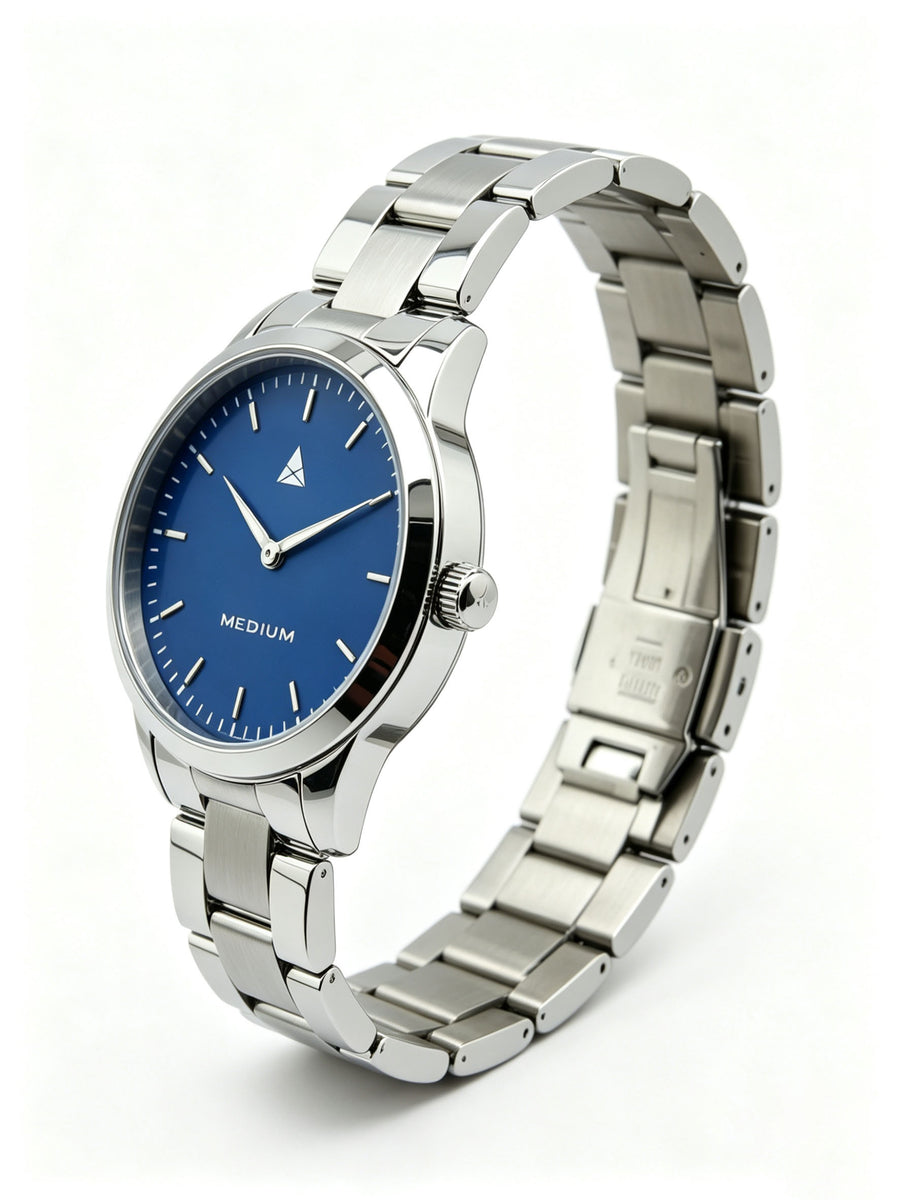 The Comeback Women’s Steel Watch — Silver / Blue — angled view